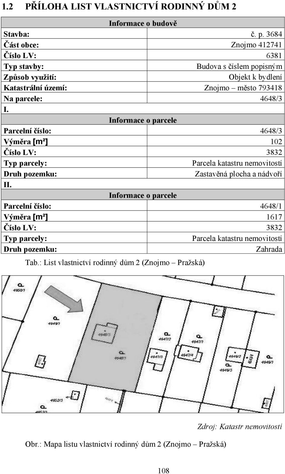 I. Informace o parcele Parcelní číslo: 4648/3 Výměra [m²] 102 Číslo LV: 3832 Typ parcely: Parcela katastru nemovitostí Druh pozemku: Zastavěná plocha a nádvoří II.