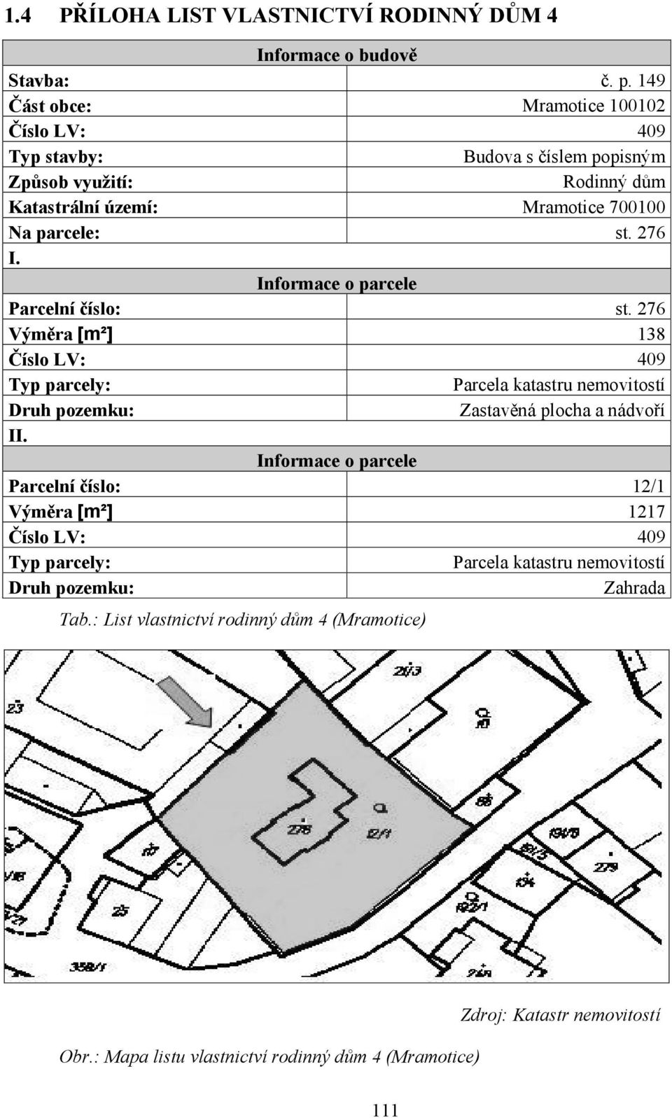 Informace o parcele Parcelní číslo: st. 276 Výměra [m²] 138 Číslo LV: 409 Typ parcely: Parcela katastru nemovitostí Druh pozemku: Zastavěná plocha a nádvoří II.