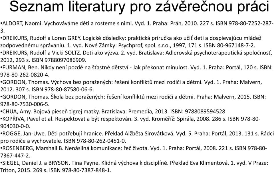 DREIKURS, Rudolf a Vicki SOLTZ. Deti ako výzva. 2. vyd. Bratislava: Adlerovská psychoterapeutická spoločnosť, 2012, 293 s. ISBN 9788097086909. FURMAN, Ben.