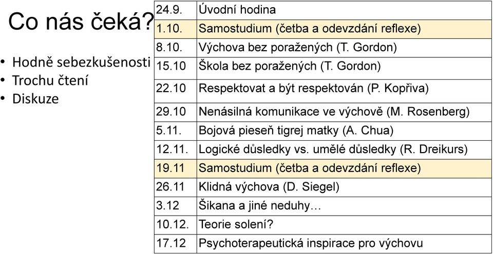 Rosenberg) 5.11. Bojová pieseň tigrej matky (A. Chua) 12.11. Logické důsledky vs. umělé důsledky (R. Dreikurs) 19.