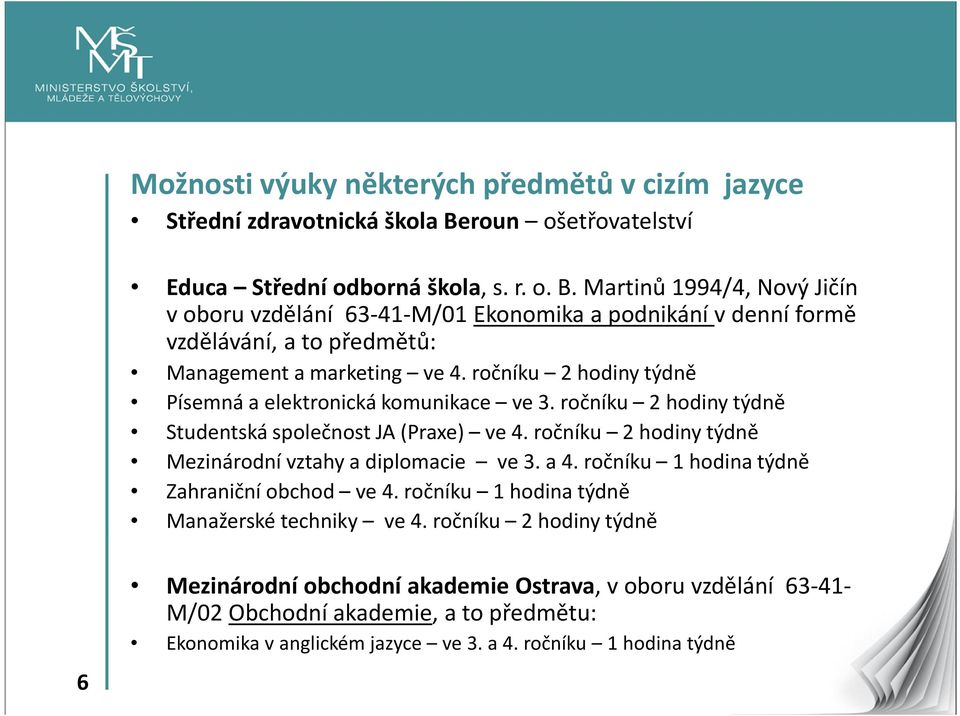 Martinů 1994/4, Nový Jičín voboru vzdělání 63-41-M/01 Ekonomika a podnikání vdenní formě vzdělávání, a to předmětů: Management a marketing ve 4.