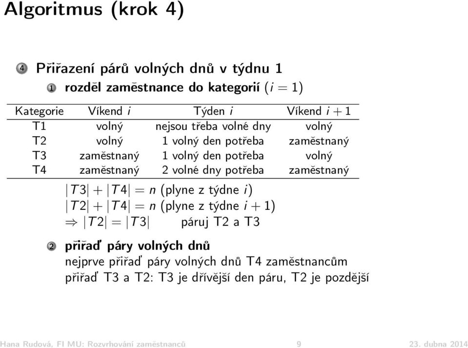 potřeba zaměstnaný T 3 + T 4 = n (plyne z týdne i) T 2 + T 4 = n (plyne z týdne i + 1) T 2 = T 3 páruj T2 a T3 2 přiřaď páry volných dnů nejprve