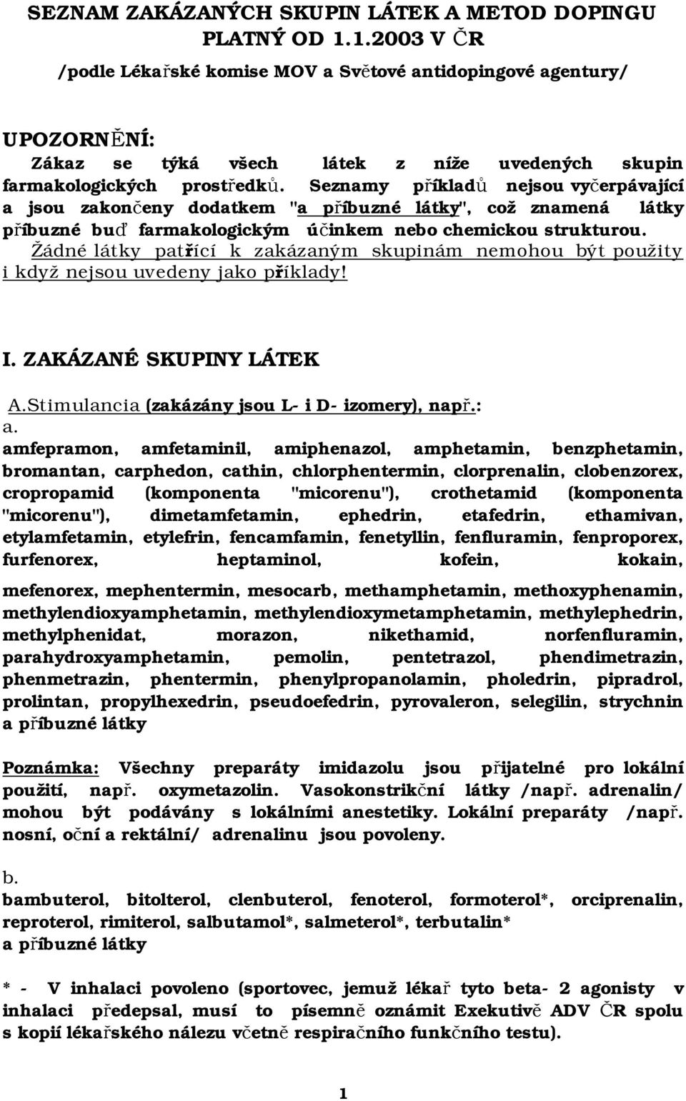 Seznamy příkladů nejsou vyčerpávající a jsou zakončeny dodatkem "", což znamená látky příbuzné buď farmakologickým účinkem nebo chemickou strukturou.