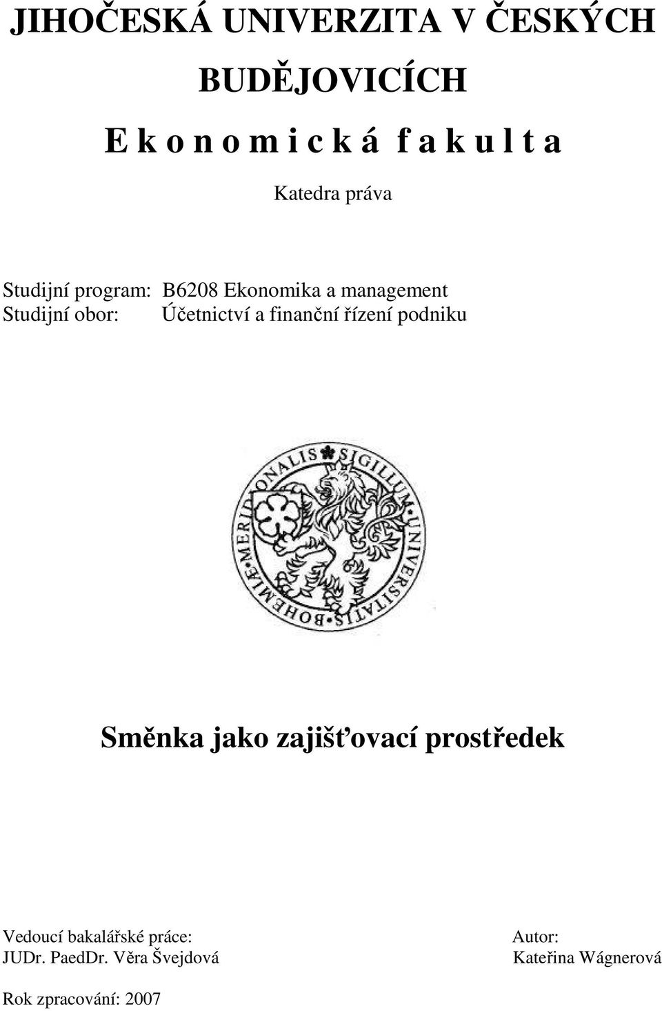 Účetnictví a finanční řízení podniku Směnka jako zajišťovací prostředek Vedoucí