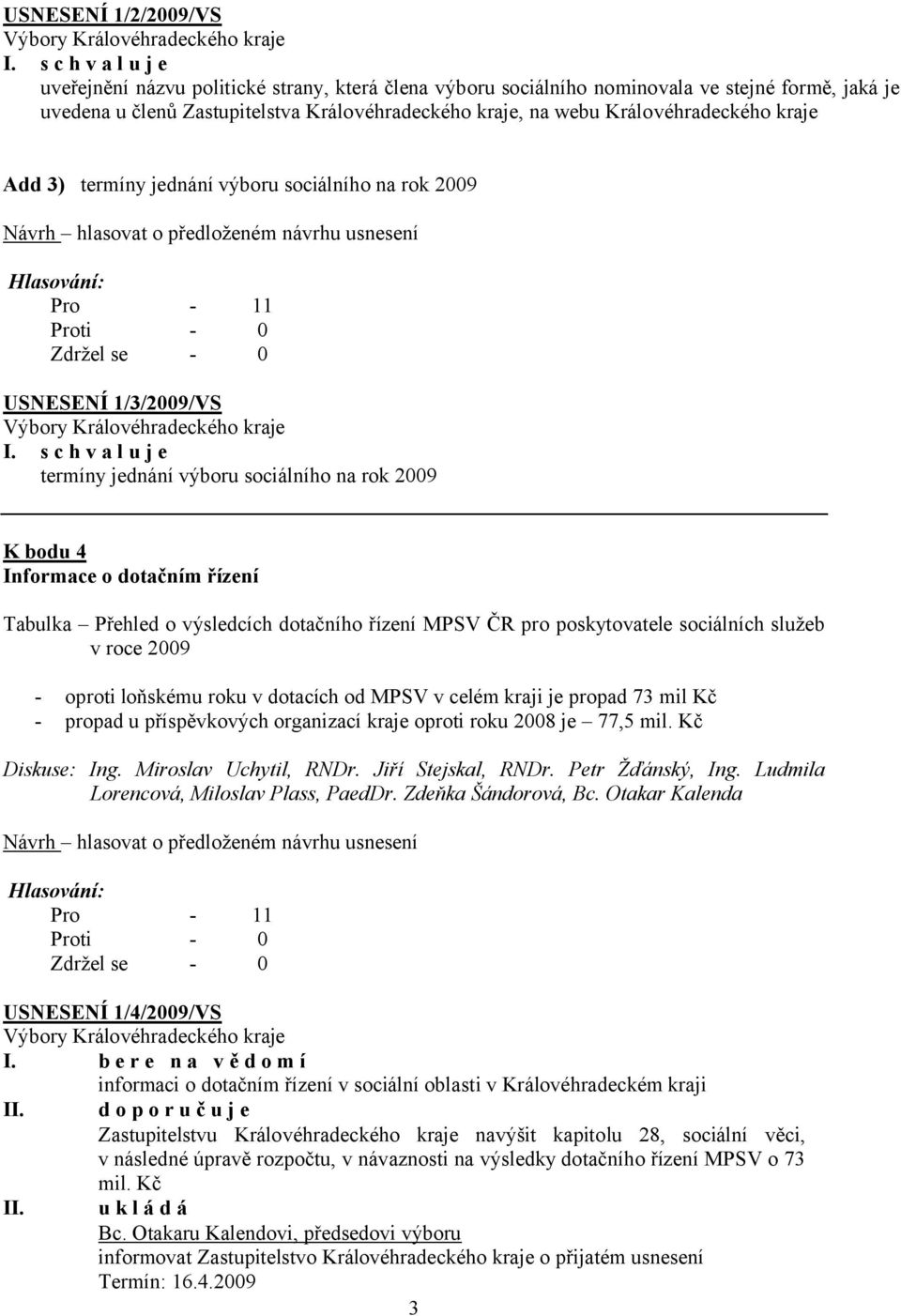 Královéhradeckého kraje Add 3) termíny jednání výboru sociálního na rok 2009 USNESENÍ 1/3/2009/VS I.