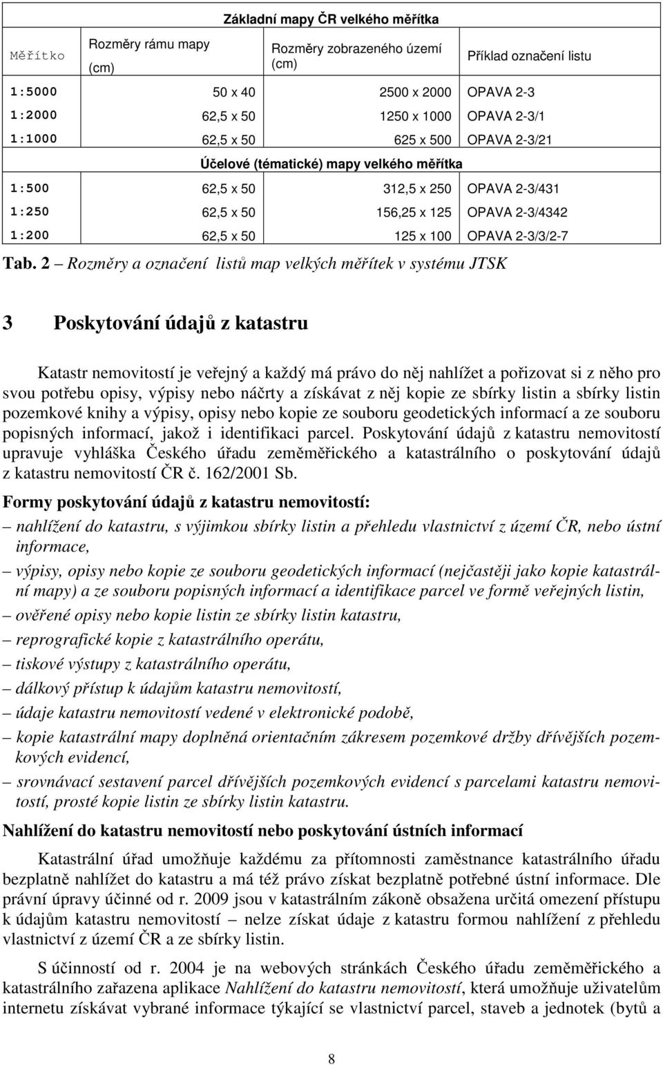 2 Rozměry a označení listů map velkých měřítek v systému JTSK OPAVA 2-3/21 OPAVA 2-3/431 OPAVA 2-3/4342 OPAVA 2-3/3/2-7 3 Poskytování údajů z katastru Katastr nemovitostí je veřejný a každý má právo
