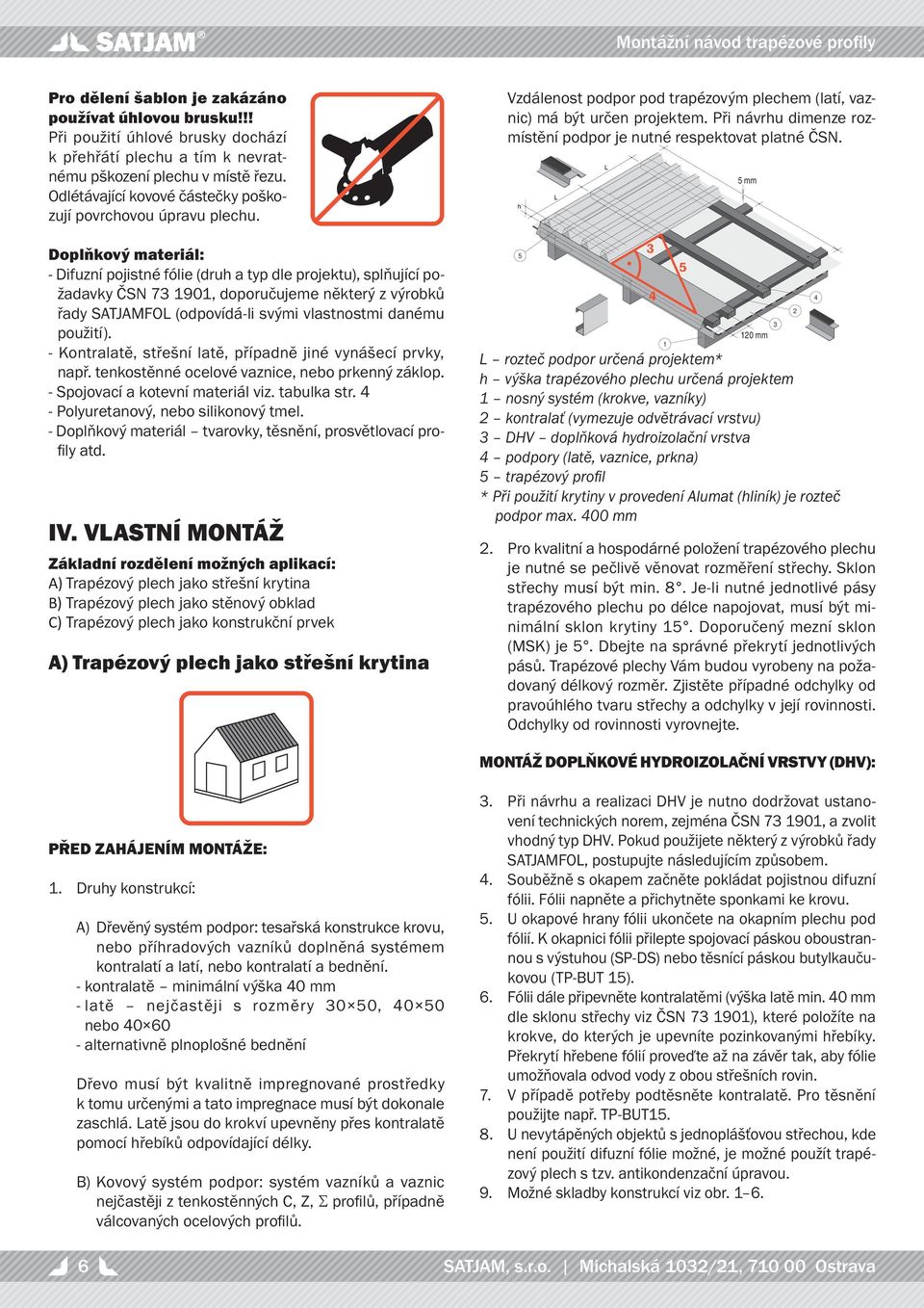 Doplňkový materiál: - Difuzní pojistné fólie (druh a typ dle projektu), splňující požadavky ČN 7 90, doporučujeme některý z výrobků řady ATJAMOL (odpovídá-li svými vlastnostmi danému použití).