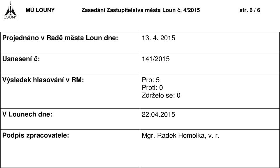 2015 Usnesení č: 141/2015 Výsledek hlasování v RM: Pro: 5 Proti: