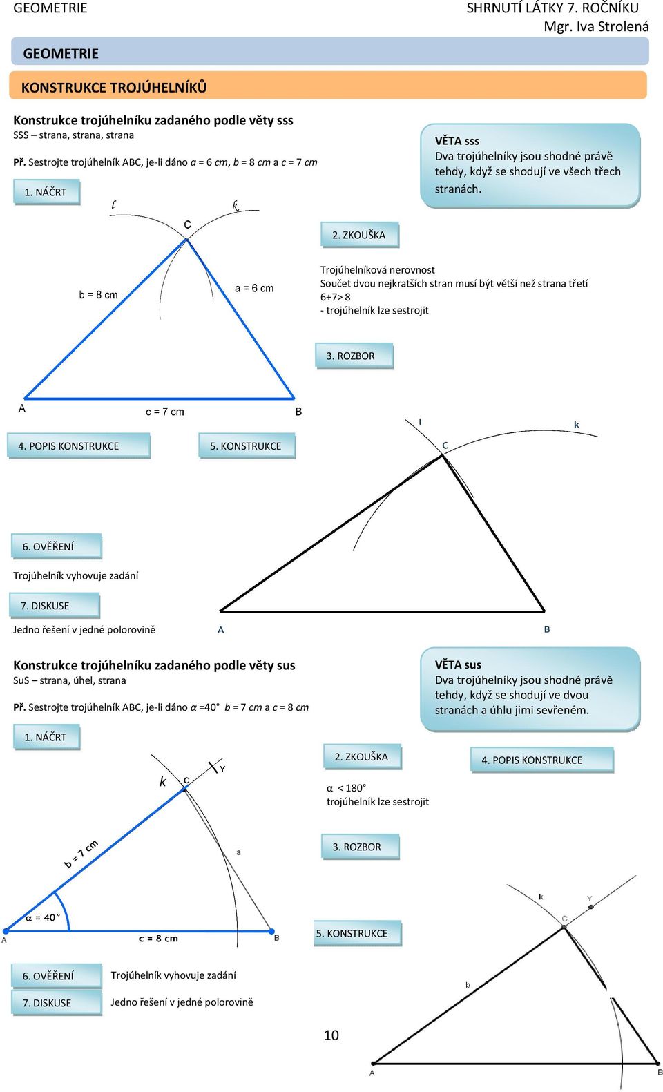 ZKOUŠKA Trjúhelníkvá nervnst Sučet dvu nejkratších stran musí být větší než strana třetí 6+7> 8 - trjúhelník lze sestrjit 3. ROZBOR 4. POPIS KONSTRUKCE 5. KONSTRUKCE 6.