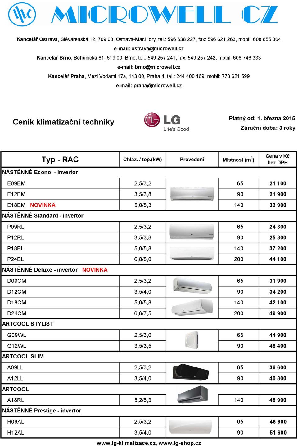 cz Ceník klimatizační techniky Platný od: 1. března 2015 Záruční doba: 3 roky NÁSTĚNNÉ Econo - invertor Typ - RAC Chlaz. / top.