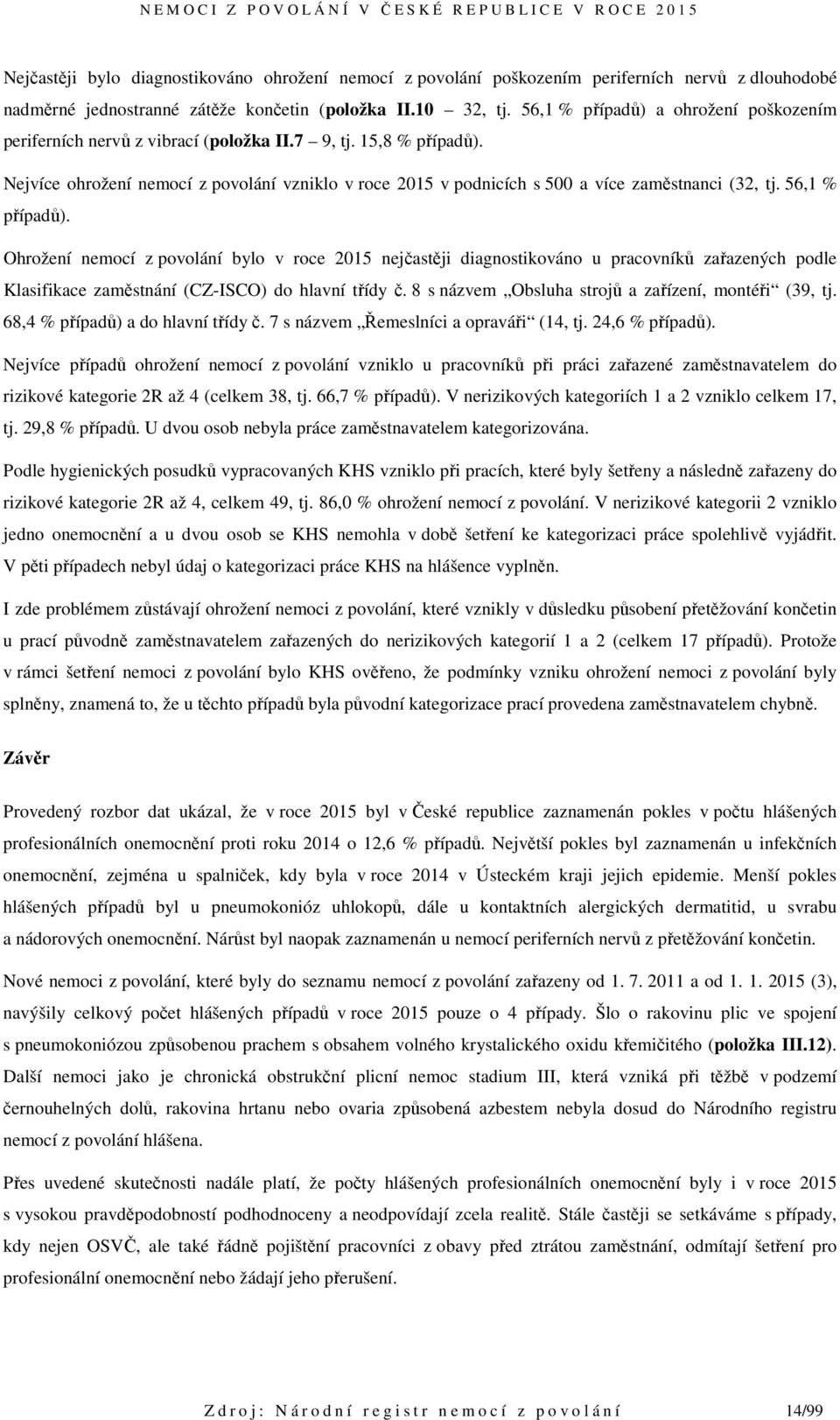 Nejvíce ohrožení nemocí z povolání vzniklo v roce 2015 v podnicích s 500 a více zaměstnanci (32, tj. 56,1 % případů).