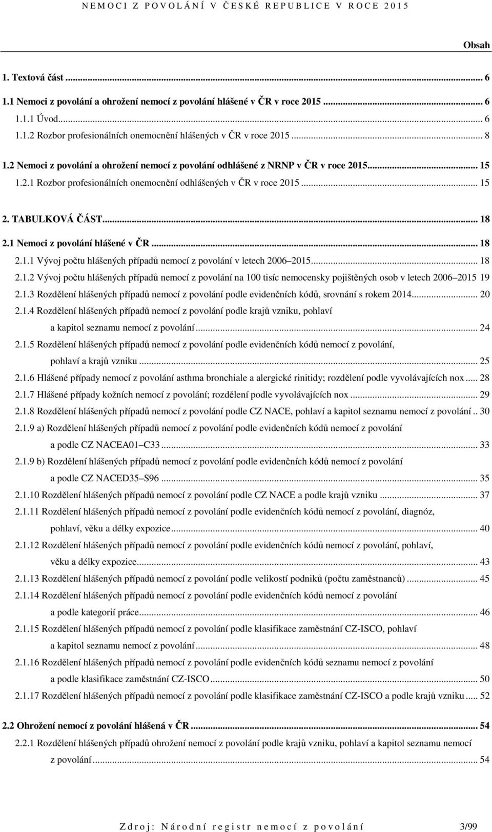 1 Nemoci z povolání hlášené v ČR... 18 2.1.1 Vývoj počtu hlášených případů nemocí z povolání v letech 2006 2015... 18 2.1.2 Vývoj počtu hlášených případů nemocí z povolání na 100 tisíc nemocensky pojištěných osob v letech 2006 2015 19 2.