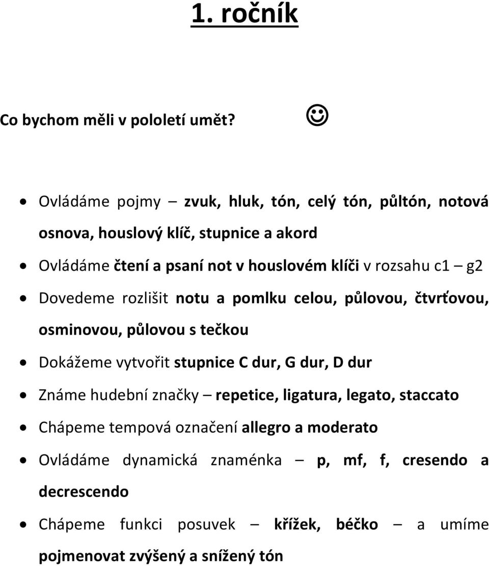 vytvořit stupnice C dur, G dur, D dur Známe hudební značky repetice, ligatura, legato, staccato Chápeme tempová označení allegro a