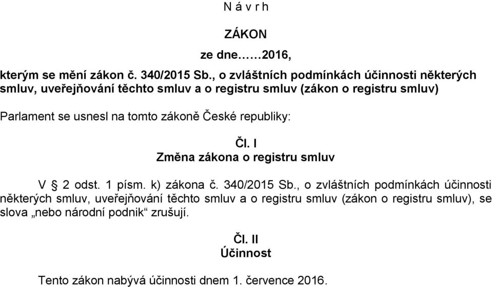 usnesl na tomto zákoně České republiky: Čl. I Změna zákona o registru smluv V 2 odst. 1 písm. k) zákona č. 340/2015 Sb.