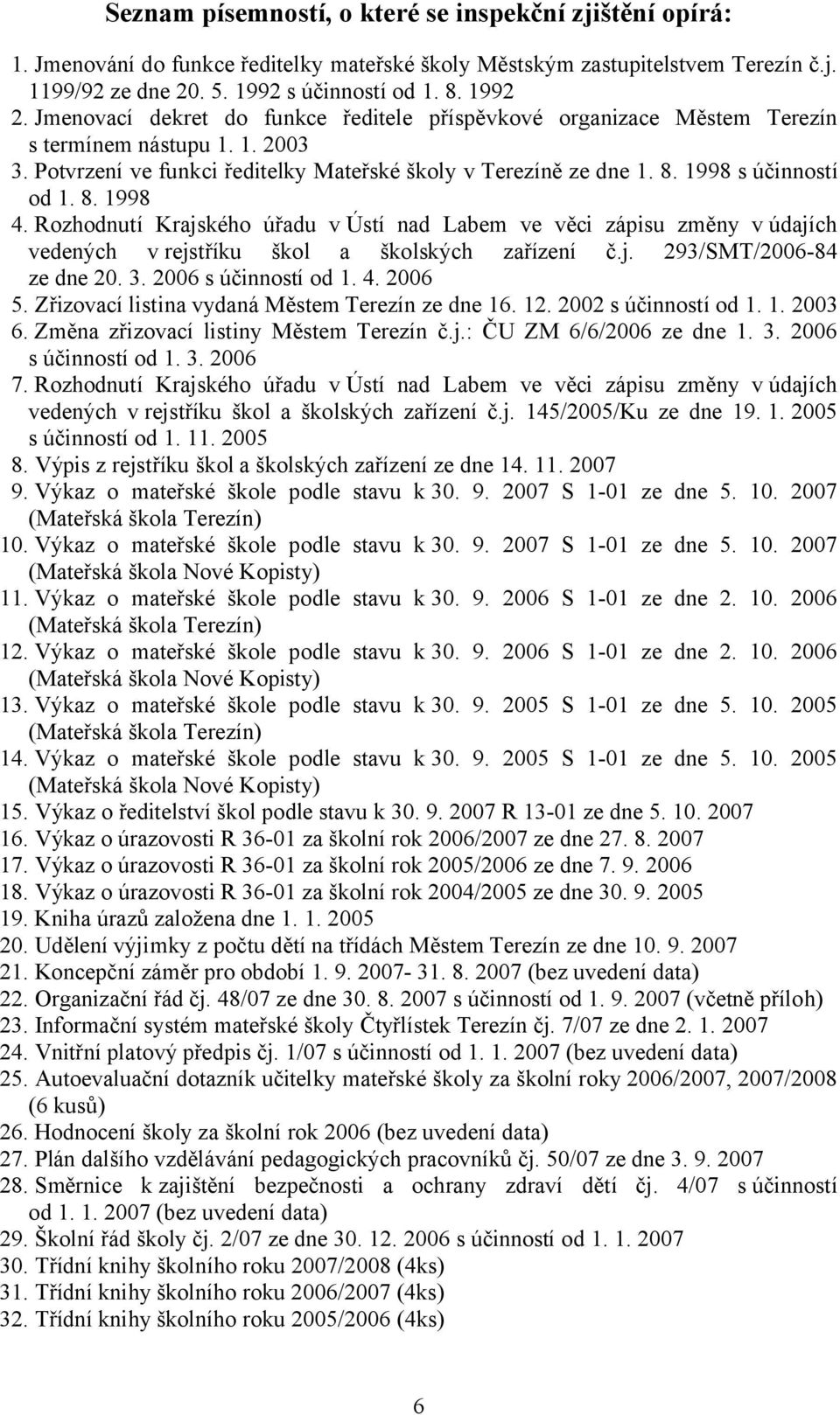 8. 1998 4. Rozhodnutí Krajského úřadu v Ústí nad Labem ve věci zápisu změny vúdajích vedených v rejstříku škol a školských zařízení č.j. 293/SMT/2006-84 ze dne 20. 3. 2006 s účinností od 1. 4. 2006 5.