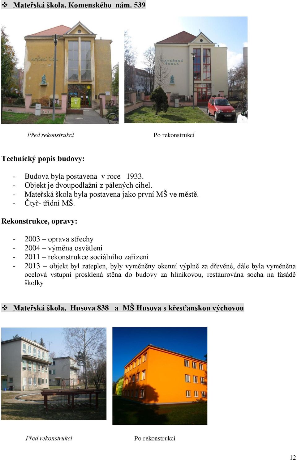 Rekonstrukce, opravy: - 2003 oprava střechy - 2004 výměna osvětlení - 2011 rekonstrukce sociálního zařízení - 2013 objekt byl zateplen, byly vyměněny okenní