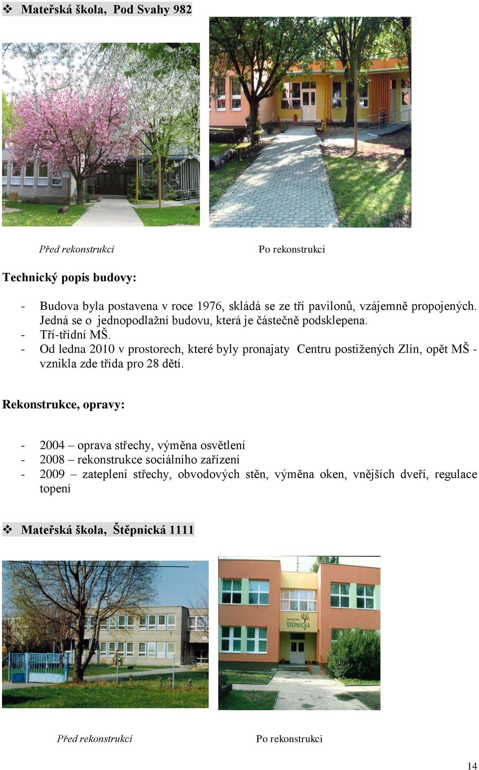 - Od ledna 2010 v prostorech, které byly pronajaty Centru postižených Zlín, opět MŠ - vznikla zde třída pro 28 dětí.
