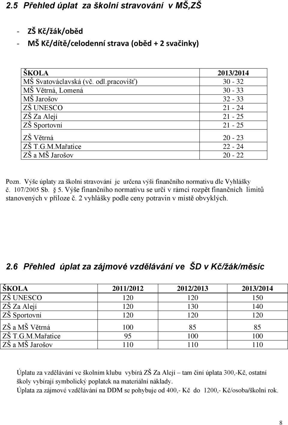 Výše úplaty za školní stravování je určena výši finančního normativu dle Vyhlášky č. 107/2005 Sb. 5. Výše finančního normativu se určí v rámci rozpět finančních limitů stanovených v příloze č.