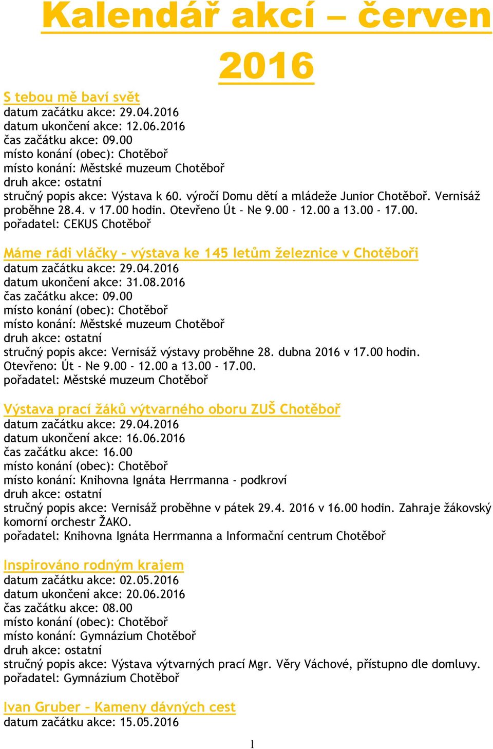 04.2016 datum ukončení akce: 31.08.2016 čas začátku akce: 09.00 místo konání: Městské muzeum Chotěboř stručný popis akce: Vernisáž výstavy proběhne 28. dubna 2016 v 17.00 hodin. Otevřeno: Út - Ne 9.