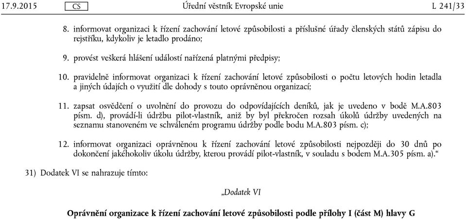 pravidelně informovat organizaci k řízení zachování letové způsobilosti o počtu letových hodin letadla a jiných údajích o využití dle dohody s touto oprávněnou organizací; 11.