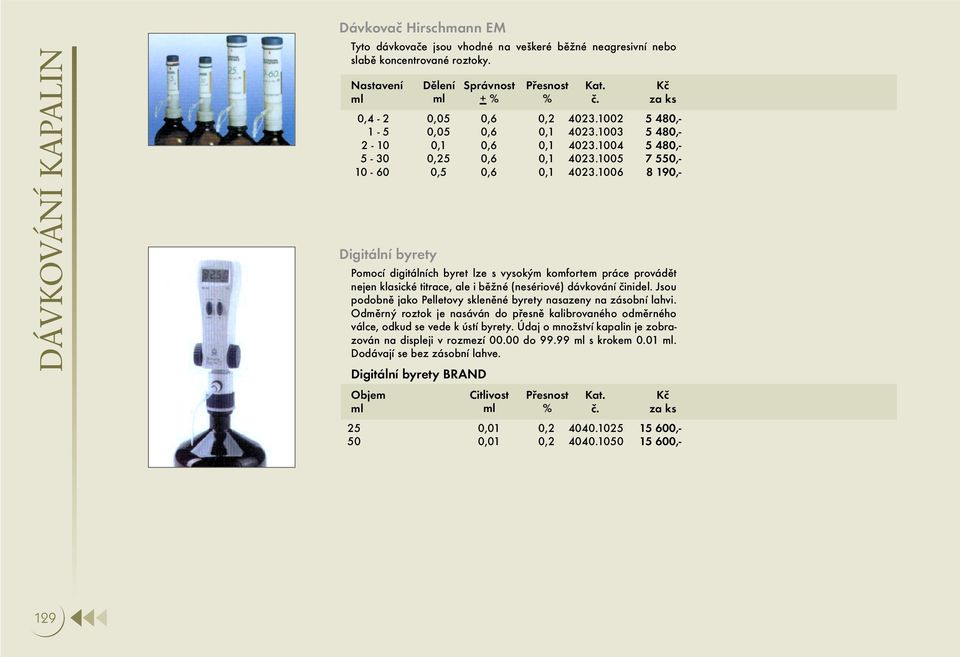6 5 480, 5 480, 5 480, 7 5, 8 90, Digitální byrety Pomocí digitálních byret lze s vysokým komfortem práce provádět nejen klasické titrace, ale i běžné (nesériové) dávkování činidel.