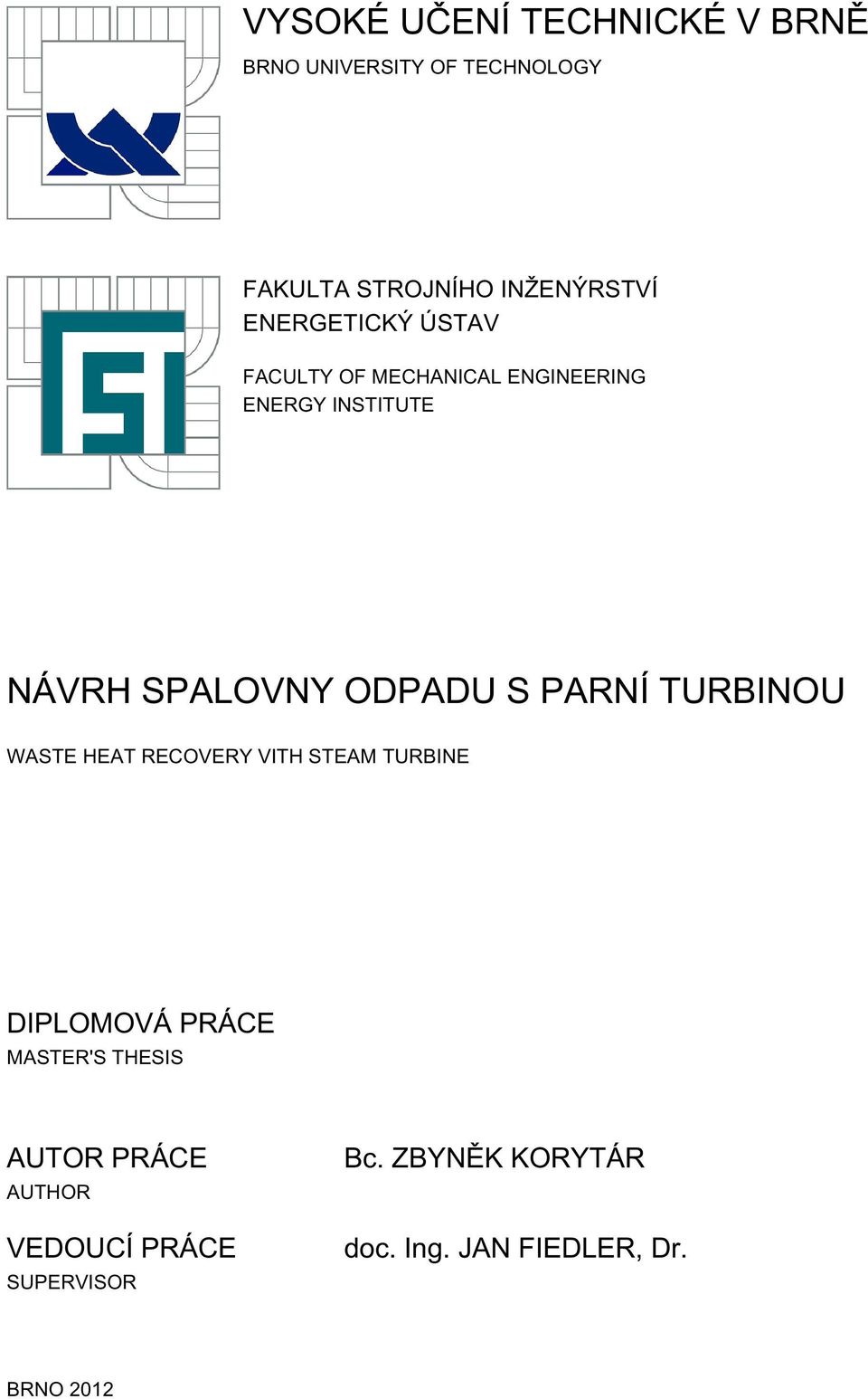 S PARNÍ TURBINOU WASTE HEAT RECOVERY VITH STEAM TURBINE DIPLOMOVÁ PRÁCE MASTER'S THESIS