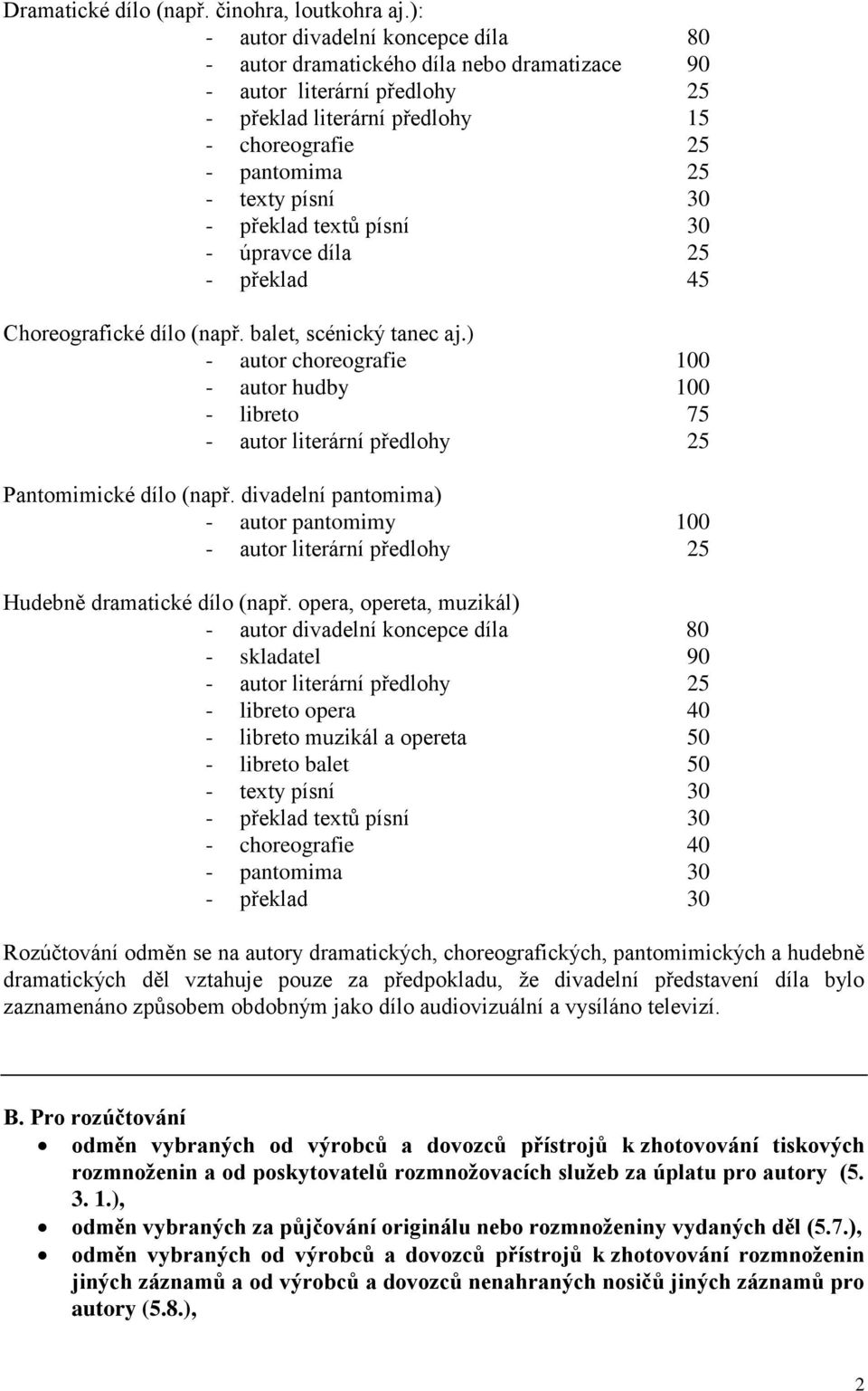 (např. balet, scénický tanec aj.) - autor choreografie 100 - autor hudby 100 - libreto 75 Pantomimické dílo (např. divadelní pantomima) - autor pantomimy 100 Hudebně dramatické dílo (např.