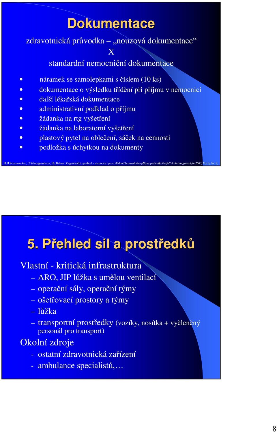 Schneppenheim, Hp.Bubser: Organizační opatření v nemocnici pro zvládnutí hromadného příjmu pacientůnottfall & Rettungsmedizin 2003, Vol.6, Nr. 8, 5.