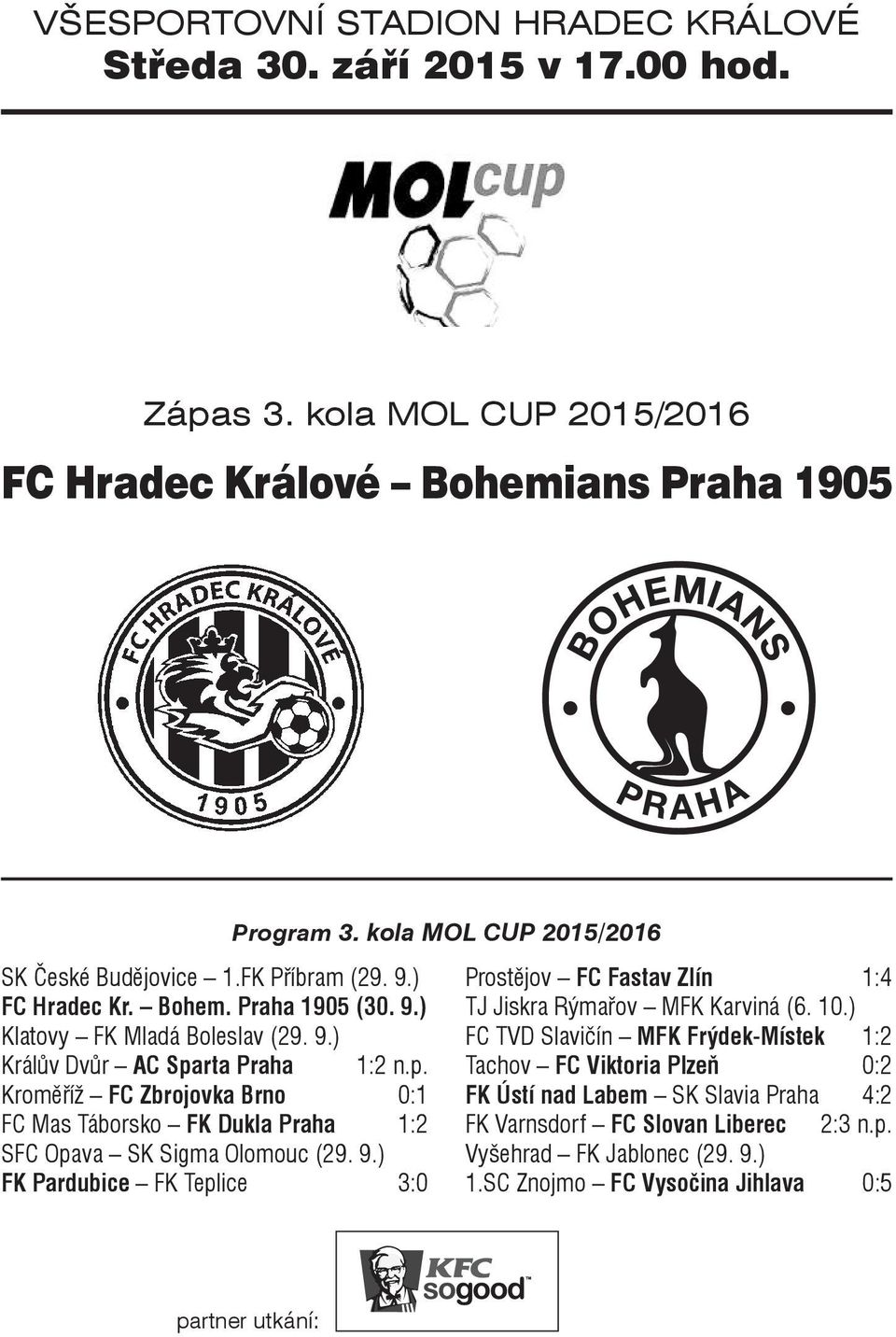 rta Praha 1:2 n.p. Kroměříž FC Zbrojovka Brno 0:1 FC Mas Táborsko FK Dukla Praha 1:2 SFC Opava SK Sigma Olomouc (29. 9.