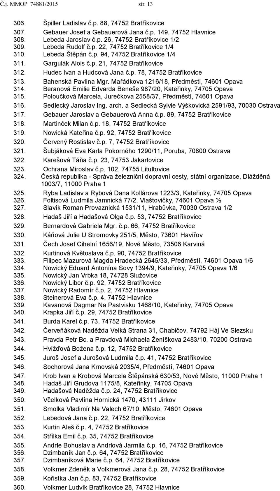 Bahenská Pavlína Mgr. Mařádkova 1216/18, Předměstí, 74601 Opava 314. Beranová Emilie Edvarda Beneše 987/20, Kateřinky, 74705 Opava 315.