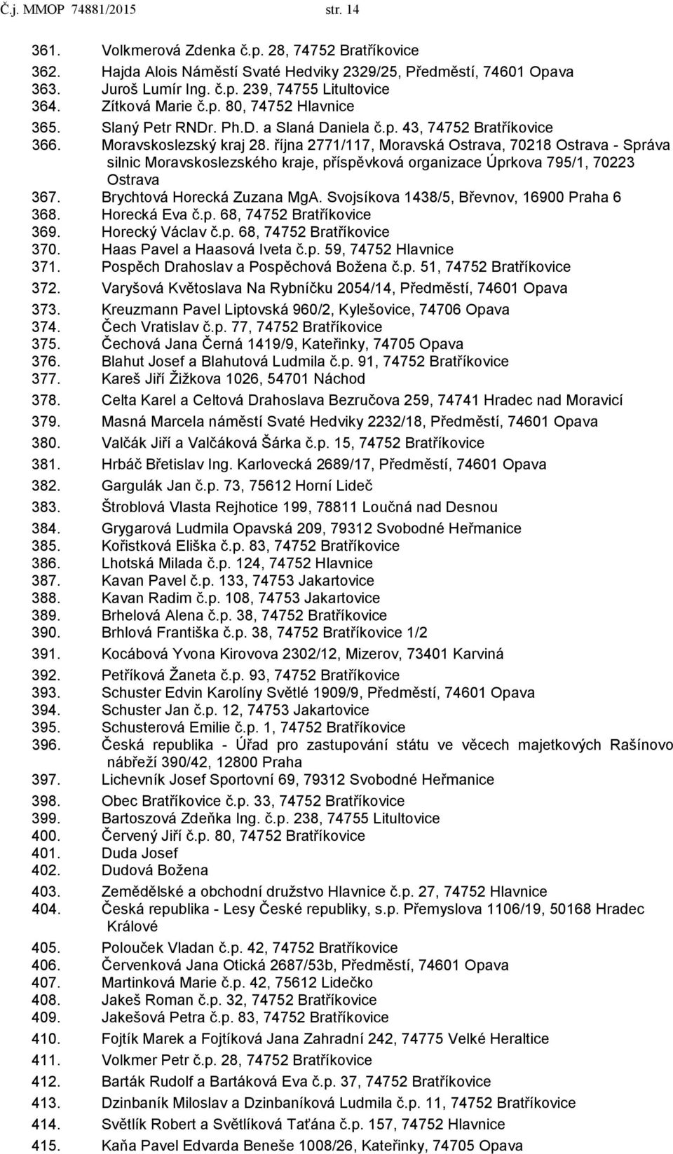 října 2771/117, Moravská Ostrava, 70218 Ostrava - Správa silnic Moravskoslezského kraje, příspěvková organizace Úprkova 795/1, 70223 Ostrava 367. Brychtová Horecká Zuzana MgA.