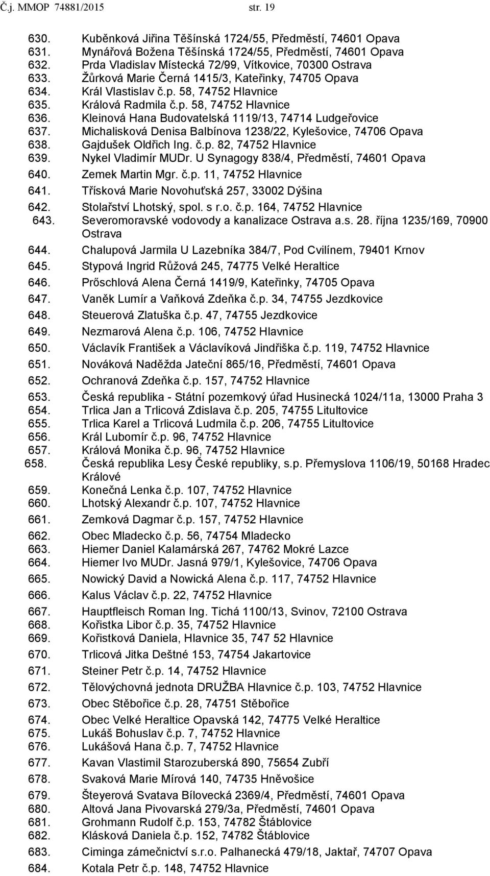 Kleinová Hana Budovatelská 1119/13, 74714 Ludgeřovice 637. Michalisková Denisa Balbínova 1238/22, Kylešovice, 74706 Opava 638. Gajdušek Oldřich Ing. č.p. 82, 74752 Hlavnice 639. Nykel Vladimír MUDr.