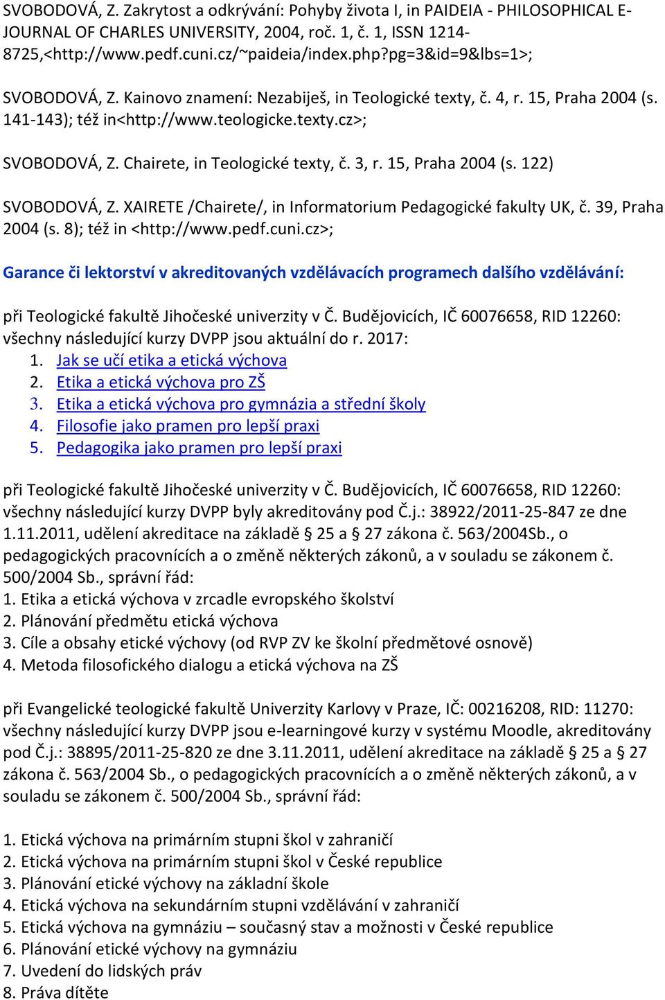 Chairete, in Teologické texty, č. 3, r. 15, Praha 2004 (s. 122) SVOBODOVÁ, Z. XAIRETE /Chairete/, in Informatorium Pedagogické fakulty UK, č. 39, Praha 2004 (s. 8); též in <http://www.pedf.cuni.