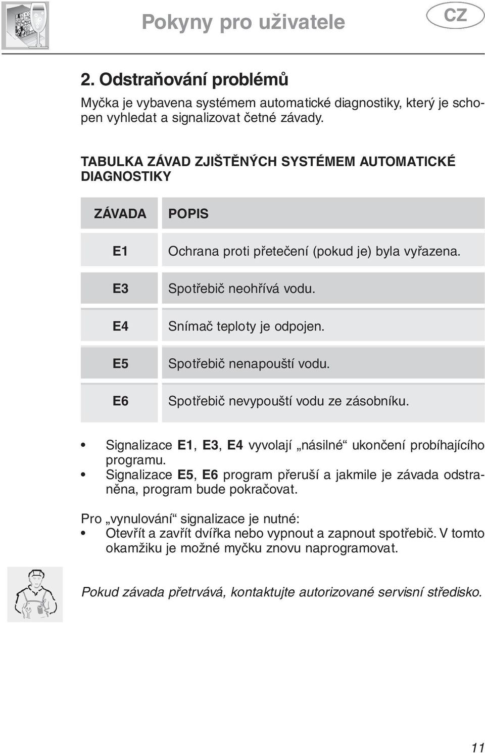 Spotřebič nenapouští vodu. Spotřebič nevypouští vodu ze zásobníku. Signalizace E1, E3, E4 vyvolají násilné ukončení probíhajícího programu.