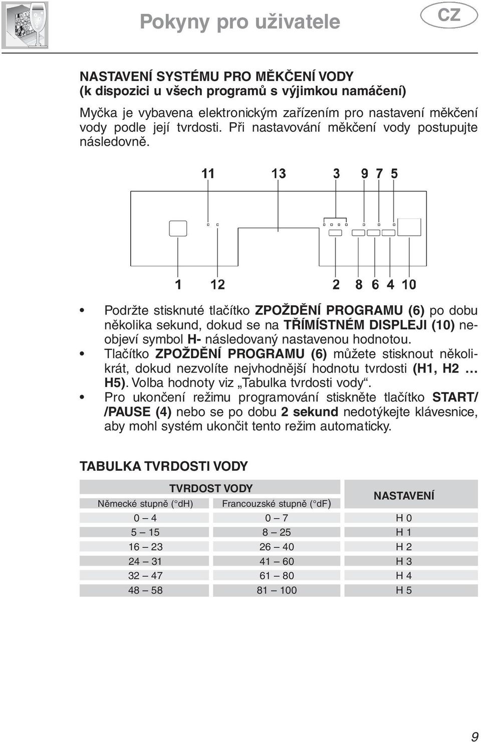 Podržte stisknuté tlačítko ZPOŽDĚNÍ PROGRAMU (6) po dobu několika sekund, dokud se na TŘÍMÍSTNÉM DISPLEJI (10) neobjeví symbol H- následovaný nastavenou hodnotou.