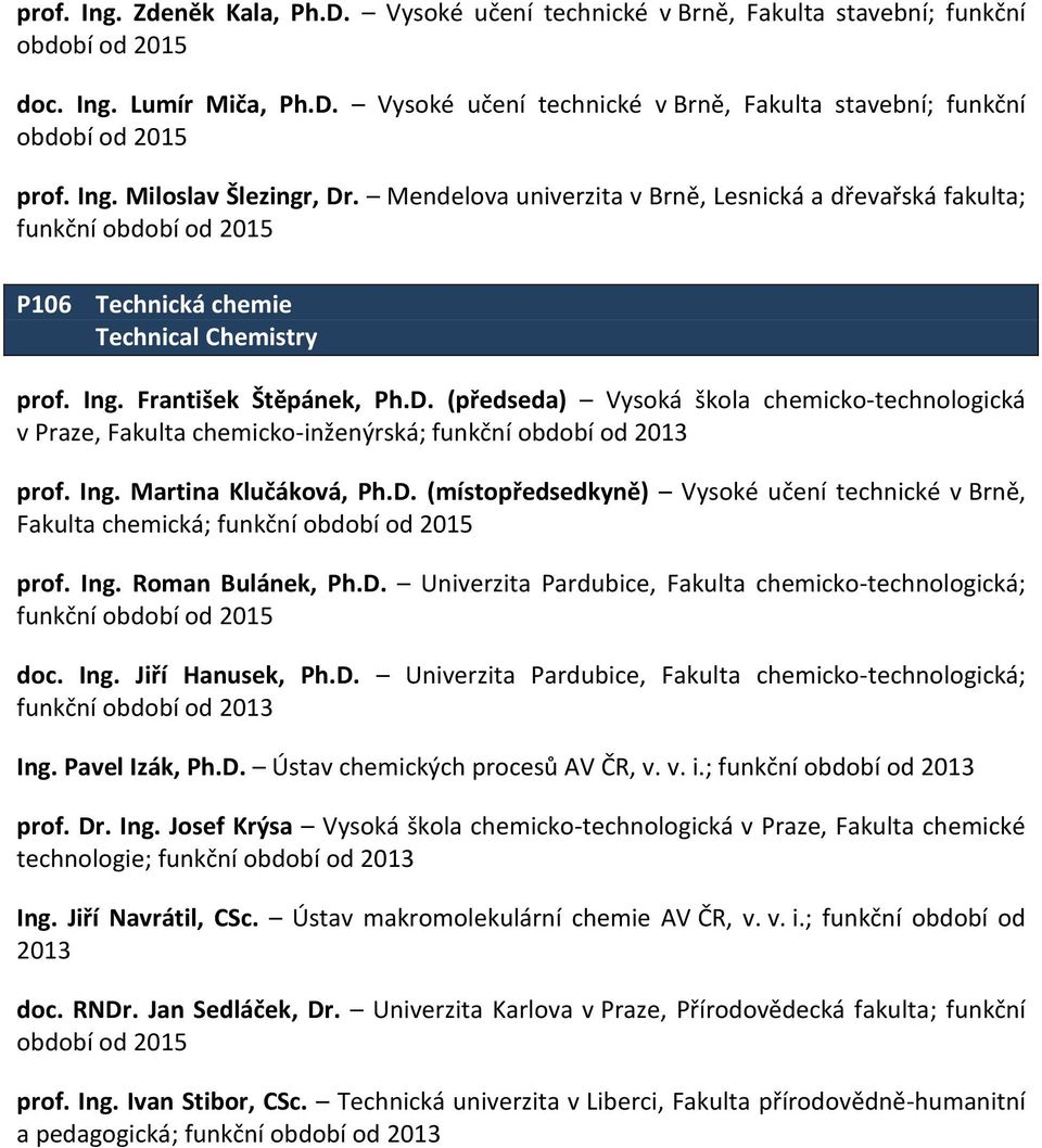 (předseda) Vysoká škola chemicko-technologická v Praze, Fakulta chemicko-inženýrská; prof. Ing. Martina Klučáková, Ph.D. (místopředsedkyně) Vysoké učení technické v Brně, Fakulta chemická; prof. Ing. Roman Bulánek, Ph.