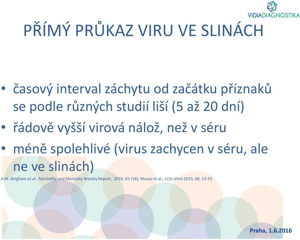 spolehlivé (virus zachycen v séru, ale ne ve slinách) A.M. Bingham et al.