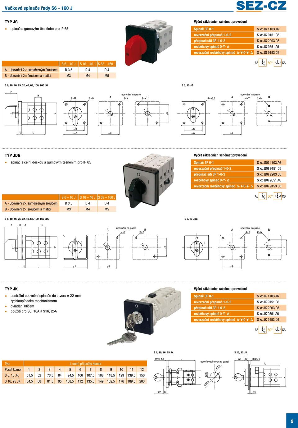 spínač s čelní deskou a gumovým těsněním pro P 65 S 6 10 J S 16 40 J S 63 160 J - Upevnění samořezným šroubem D 3,5 D 4 D 4 - Upevnění šroubem a maticí M3 M4 M5 reverzační přepínač 1-0- přepínač sítí