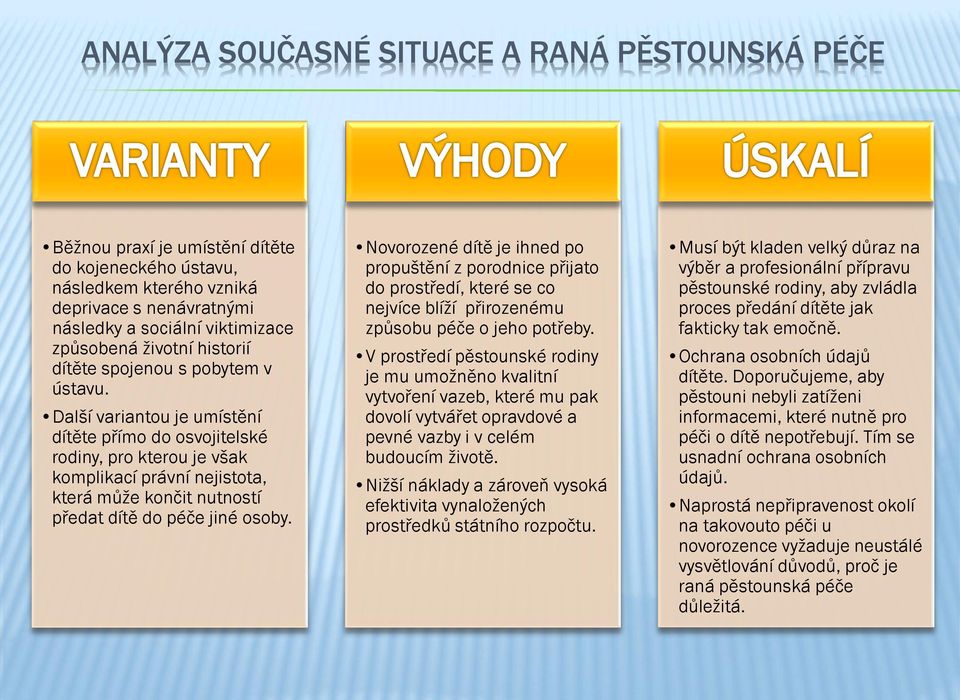 Další variantou je umístění dítěte přímo do osvojitelské rodiny, pro kterou je však komplikací právní nejistota, která můţe končit nutností předat dítě do péče jiné osoby.