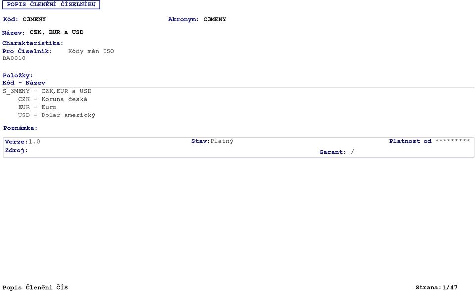 S_3MENY - CZK,EUR a USD CZK - Koruna česká EUR - Euro USD - Dolar americký