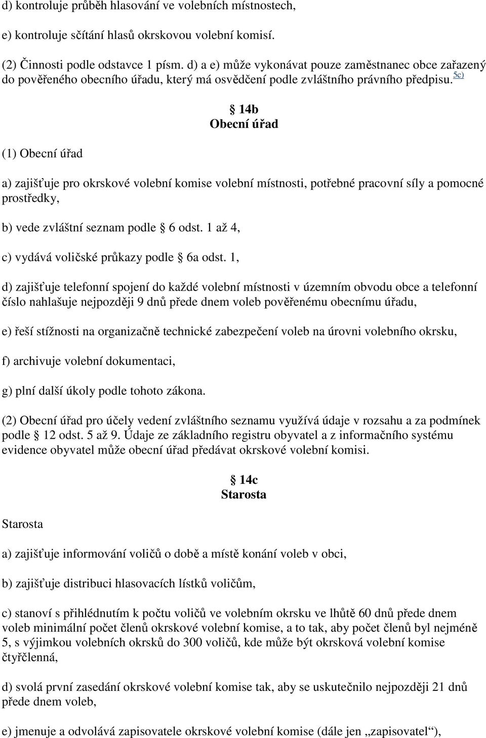 5c) (1) Obecní úřad 14b Obecní úřad a) zajišťuje pro okrskové volební komise volební místnosti, potřebné pracovní síly a pomocné prostředky, b) vede zvláštní seznam podle 6 odst.