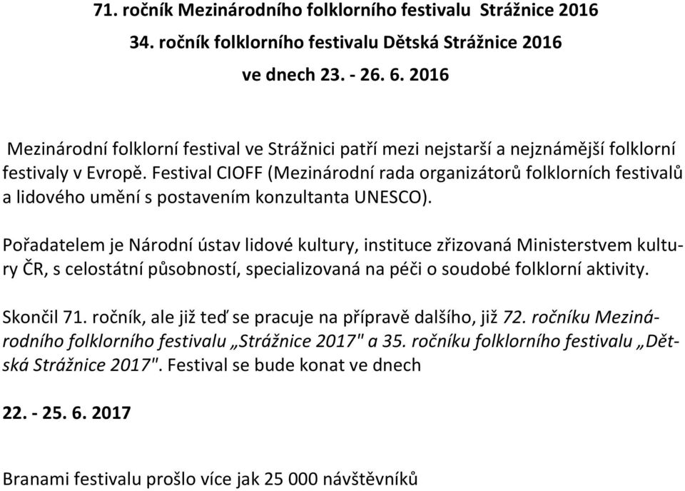 Festival CIOFF (Mezinárodní rada organizátorů folklorních festivalů a lidového umění s postavením konzultanta UNESCO).