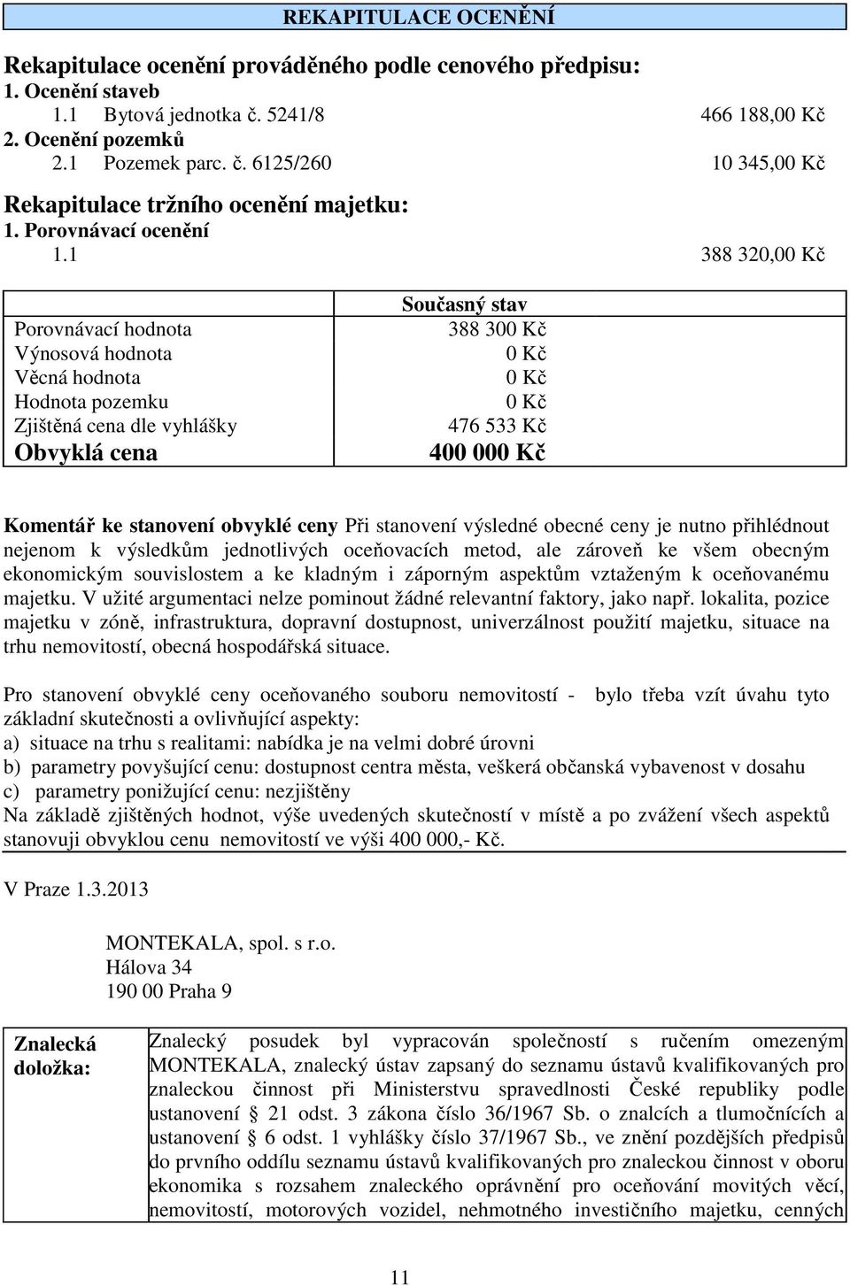 1 388 320,00 Kč Porovnávací hodnota Výnosová hodnota Věcná hodnota Hodnota pozemku Zjištěná cena dle vyhlášky Obvyklá cena Současný stav 388 300 Kč 0 Kč 0 Kč 0 Kč 476 533 Kč 400 000 Kč Komentář ke