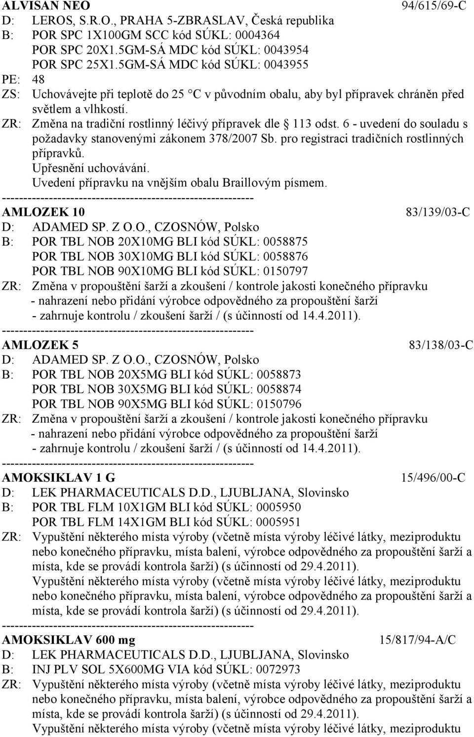 ZR: Změna na tradiční rostlinný léčivý přípravek dle 113 odst. 6 - uvedení do souladu s požadavky stanovenými zákonem 378/2007 Sb. pro registraci tradičních rostlinných přípravků.