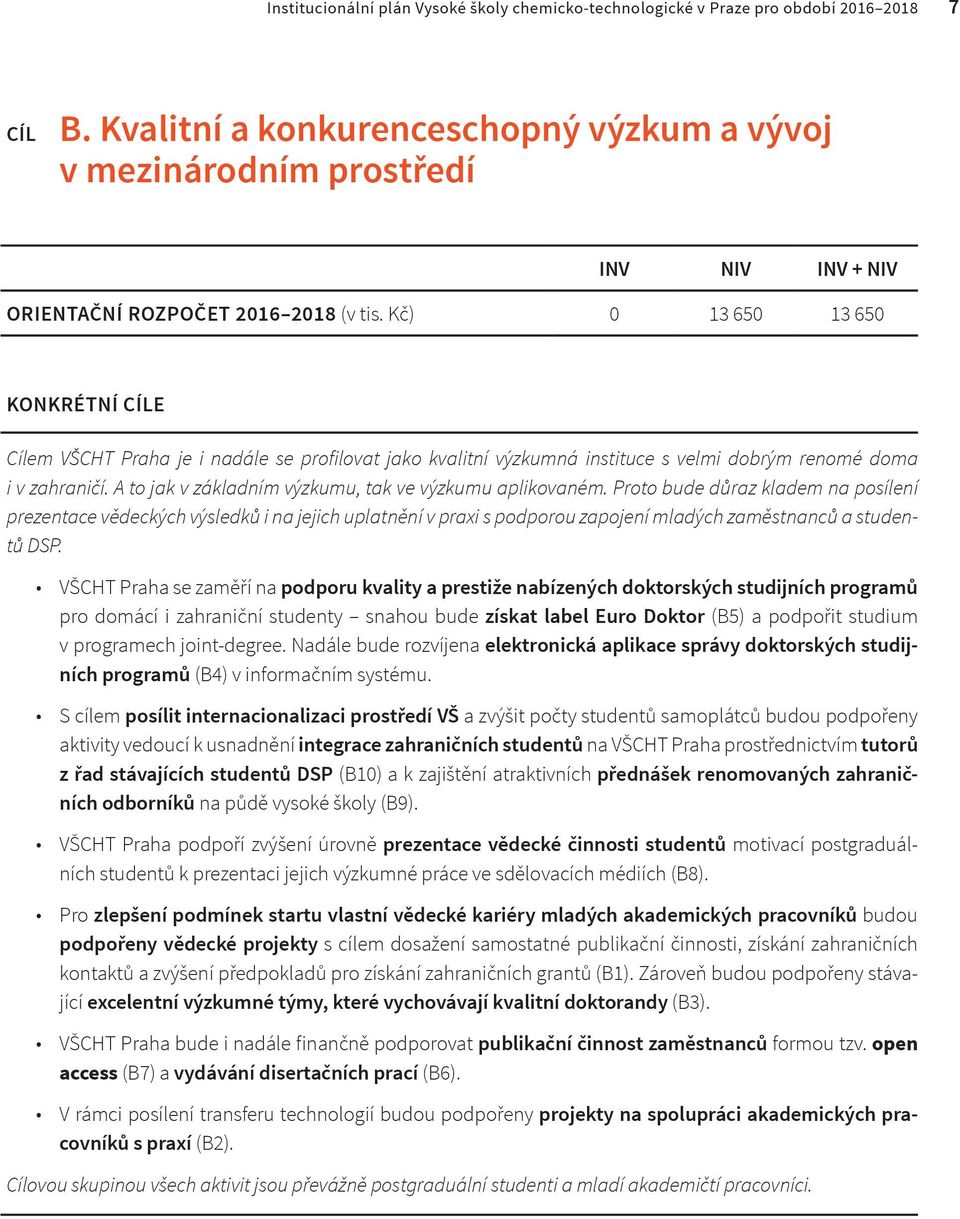 Kč) 0 13 650 13 650 KONKRÉTNÍ CÍLE Cílem VŠCHT Praha je i nadále se profilovat jako kvalitní výzkumná instituce s velmi dobrým renomé doma i v zahraničí.