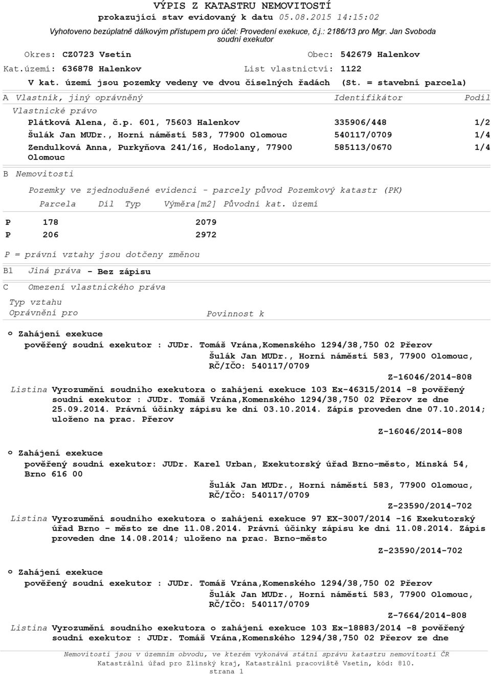 = stavební parcela) Vlastnické právo Plátková Alena, č.p. 601, 75603 Halenkov Šulák Jan MUDr.