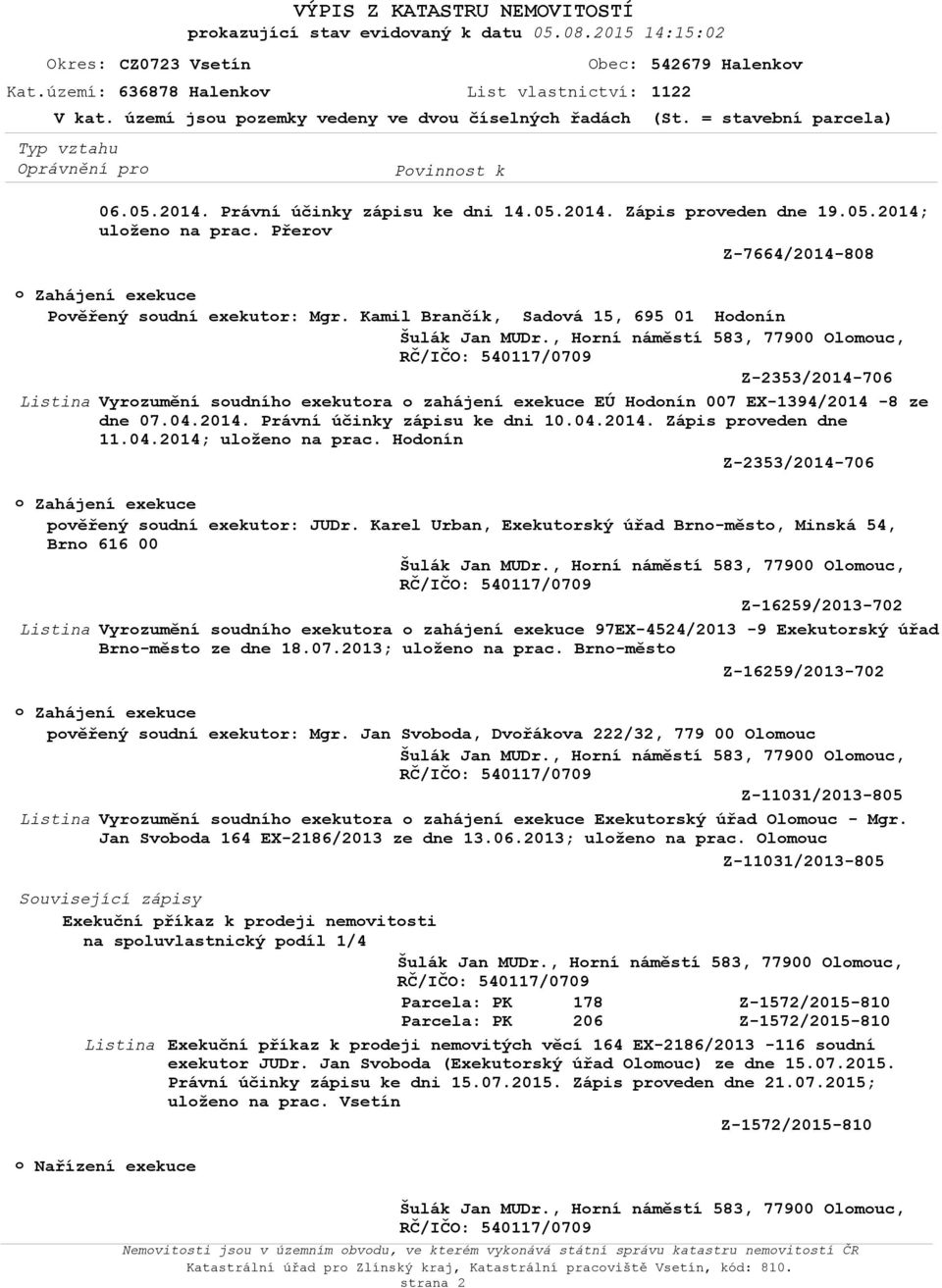 05.2014; uloženo na prac. Přerov Z-7664/2014-808 o Zahájení exekuce Pověřený soudní exekutor: Mgr. Kamil Brančík, Sadová 15, 695 01 Hodonín Šulák Jan MUDr.