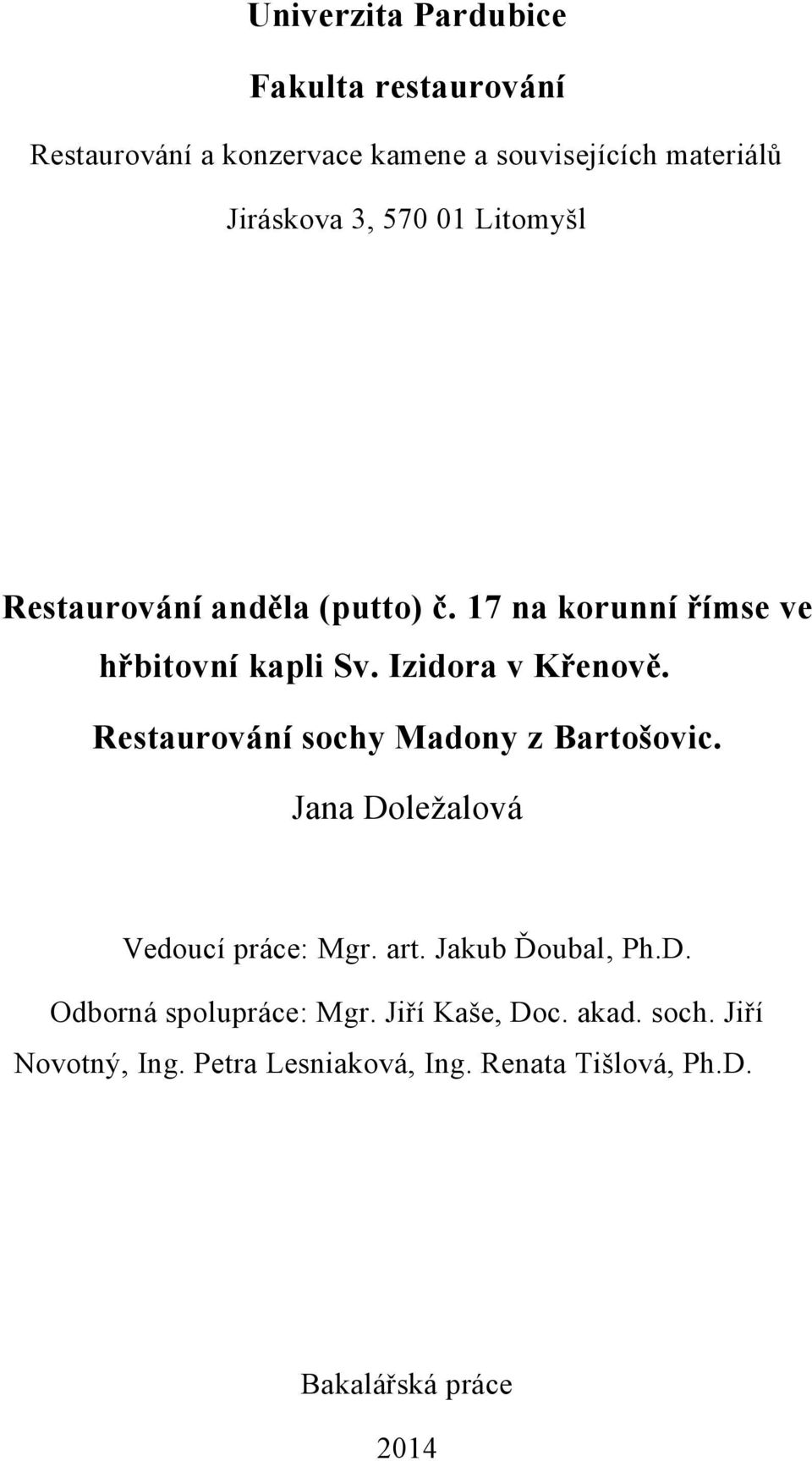 Restaurování sochy Madony z Bartošovic. Jana Doležalová Vedoucí práce: Mgr. art. Jakub Ďoubal, Ph.D. Odborná spolupráce: Mgr.