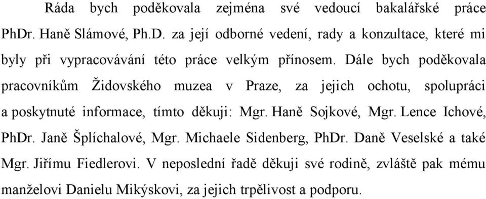 Dále bych poděkovala pracovníkům Židovského muzea v Praze, za jejich ochotu, spolupráci a poskytnuté informace, tímto děkuji: Mgr.