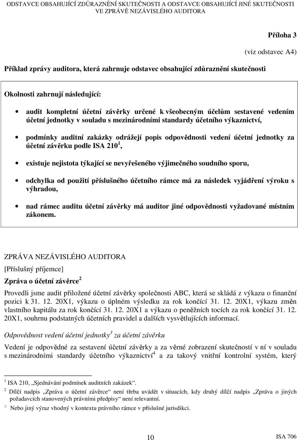 ISA 210 1, existuje nejistota týkající se nevyřešeného výjimečného soudního sporu, odchylka od použití příslušného účetního rámce má za následek vyjádření výroku s výhradou, nad rámec auditu účetní